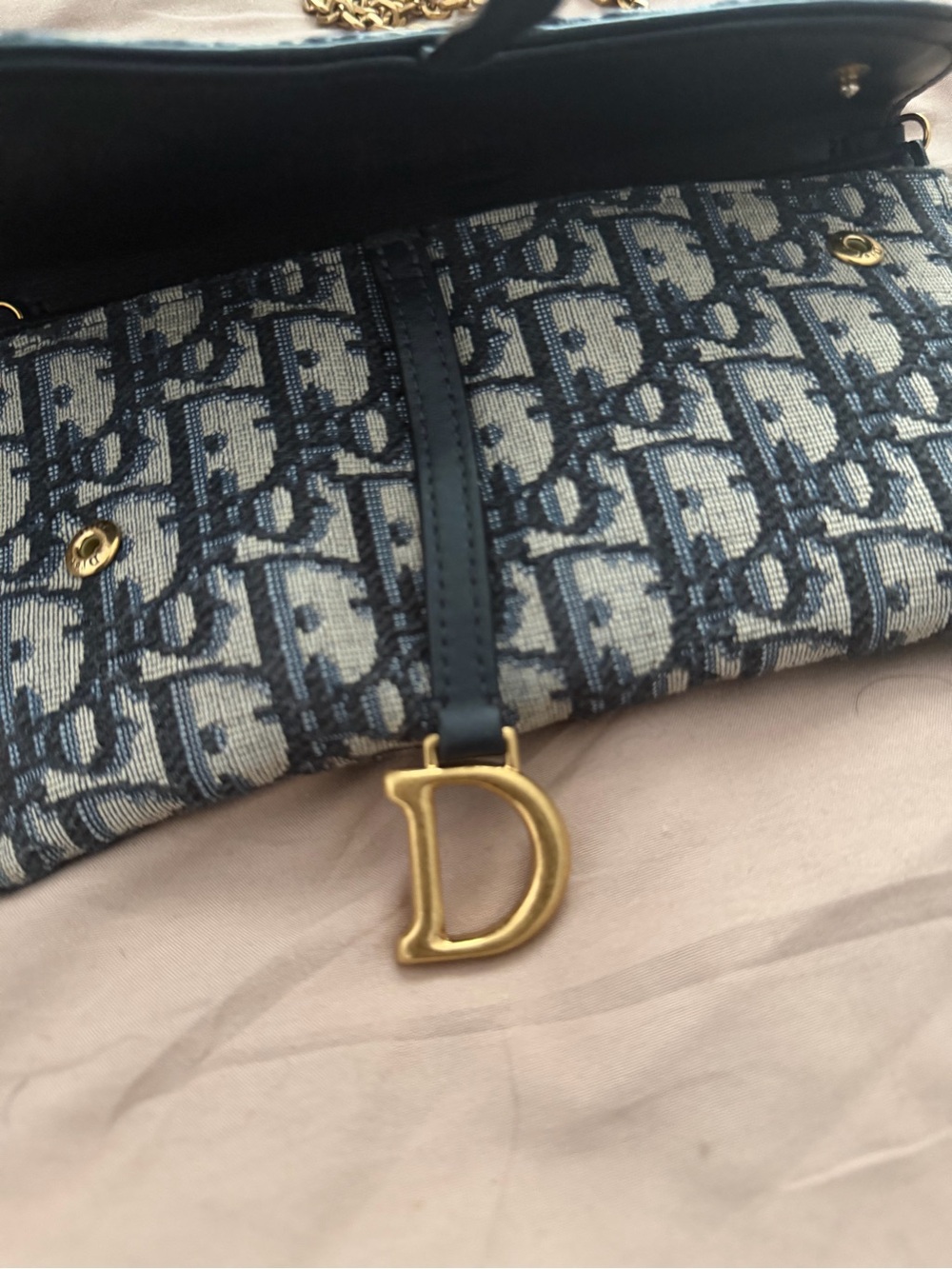 Dior Blue Oblique Canvas Saddle-Style Crossbody with Gold Chain - Picture 4 of 8